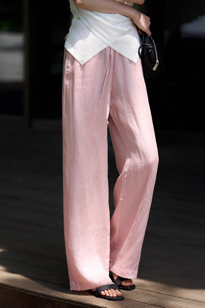 Airy Linen-Blend Wide-Leg Drawstring Pants Cupcake Pink / L Fibflx