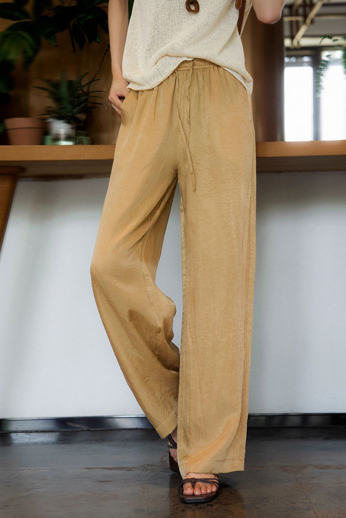 Airy Linen-Blend Wide-Leg Drawstring Pants Desert Sunset Golden / L Fibflx