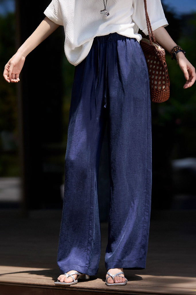 Airy Linen-Blend Wide-Leg Drawstring Pants Egyptian Blue / L Fibflx