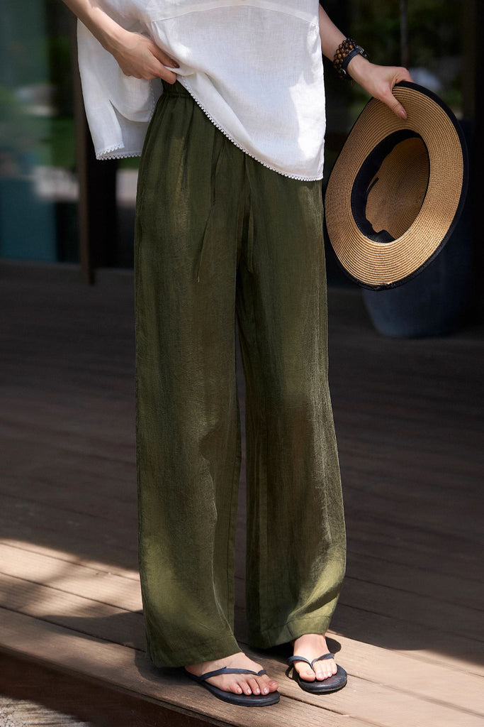 Airy Linen-Blend Wide-Leg Drawstring Pants Forest Green / L Fibflx