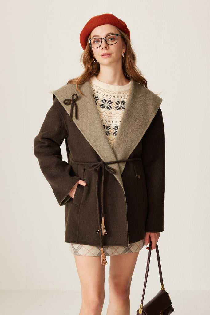 Alpaca Wool-Silk Shawl-Collar Tie-Waist Wrap Coat  Fibflx