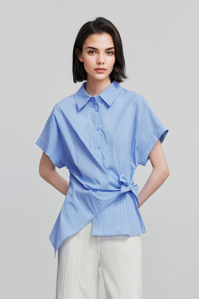 Asymmetric Button-Front Short Sleeve Blouse with Side Tie - Fibflx