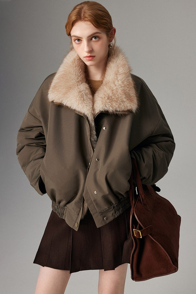 Asymmetric Button-Up Padded Bomber Jacket with Faux Mink Fur  Fibflx