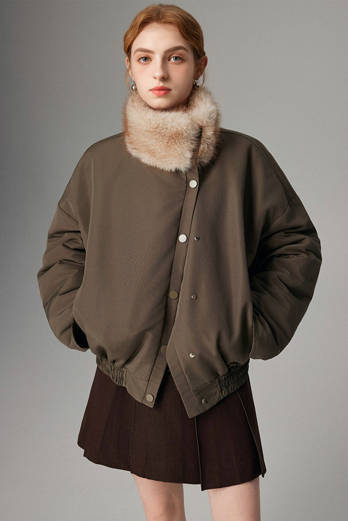 Asymmetric Button-Up Padded Bomber Jacket with Faux Mink Fur  Fibflx