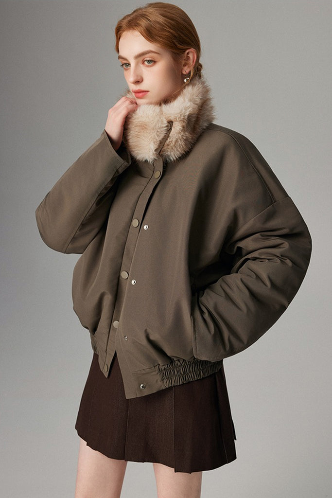 Asymmetric Button-Up Padded Bomber Jacket with Faux Mink Fur  Fibflx