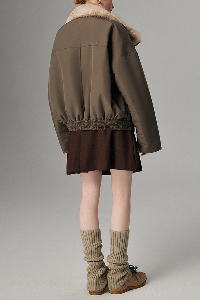 Asymmetric Button-Up Padded Bomber Jacket with Faux Mink Fur  Fibflx
