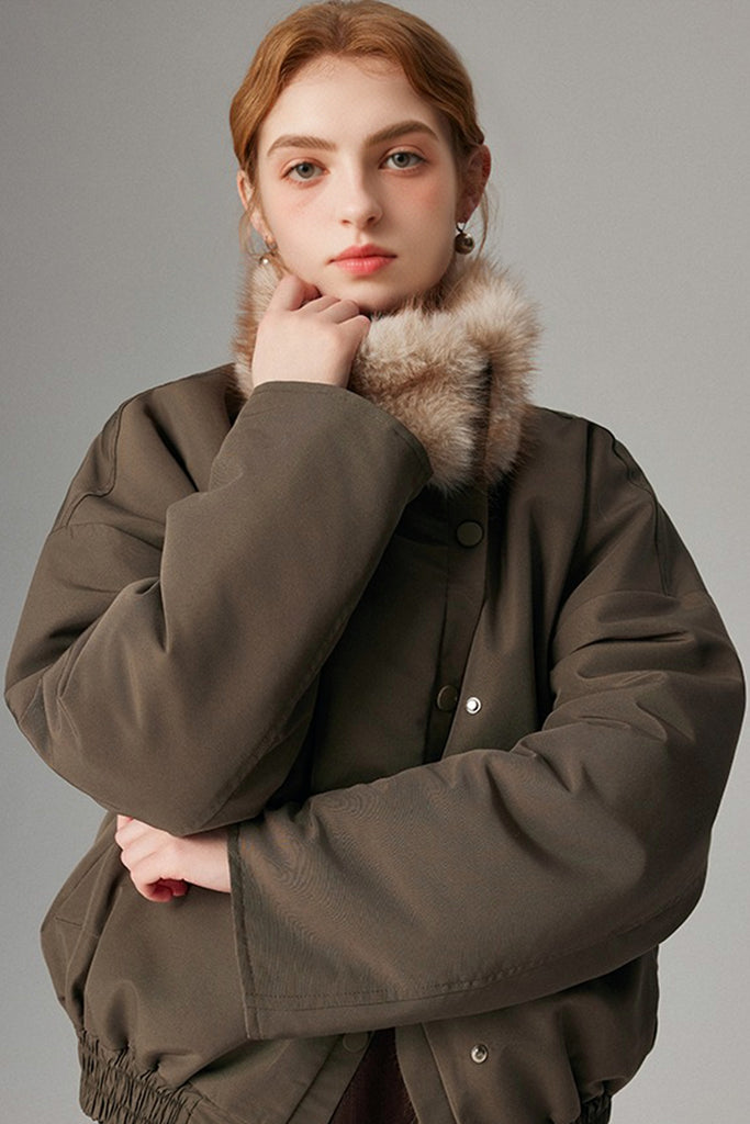 Asymmetric Button-Up Padded Bomber Jacket with Faux Mink Fur  Fibflx