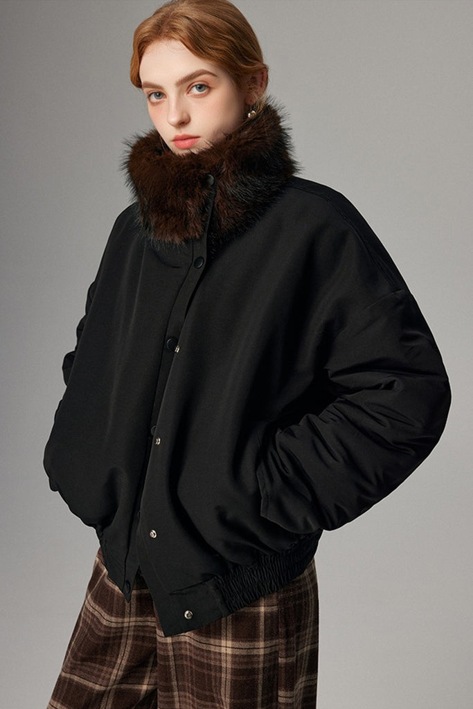 Asymmetric Button-Up Padded Bomber Jacket with Faux Mink Fur  Fibflx