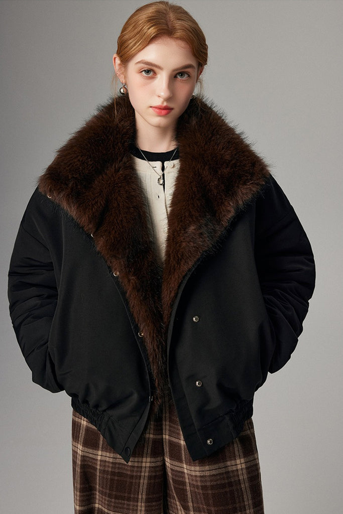 Asymmetric Button-Up Padded Bomber Jacket with Faux Mink Fur  Fibflx