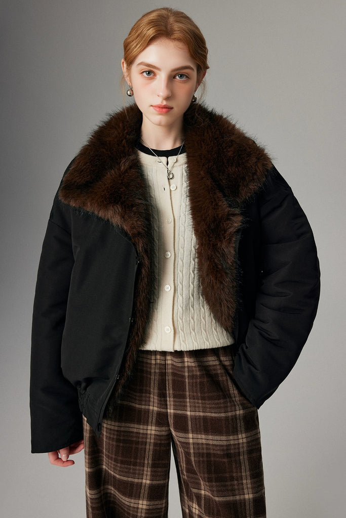 Asymmetric Button-Up Padded Bomber Jacket with Faux Mink Fur  Fibflx