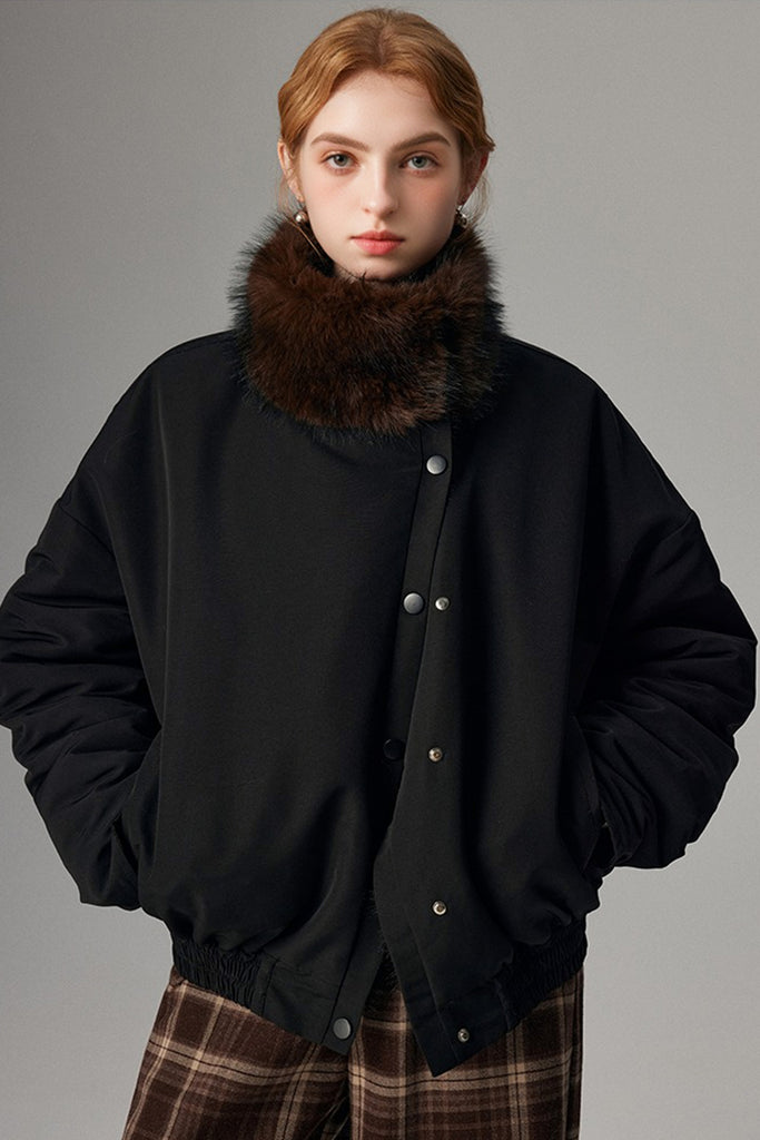 Asymmetric Button-Up Padded Bomber Jacket with Faux Mink Fur  Fibflx