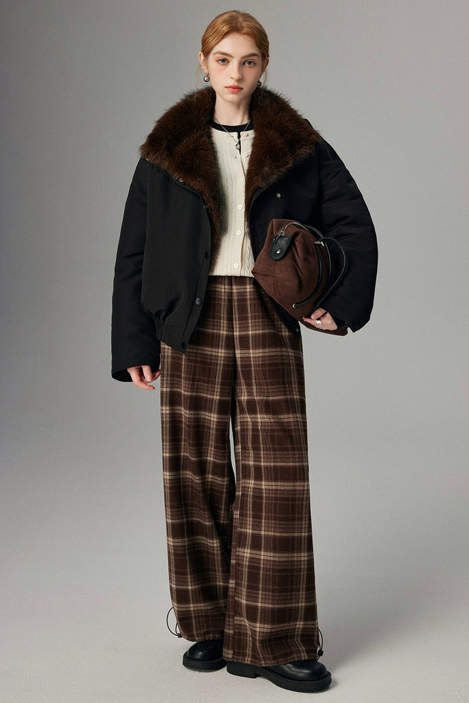 Asymmetric Button-Up Padded Bomber Jacket with Faux Mink Fur  Fibflx