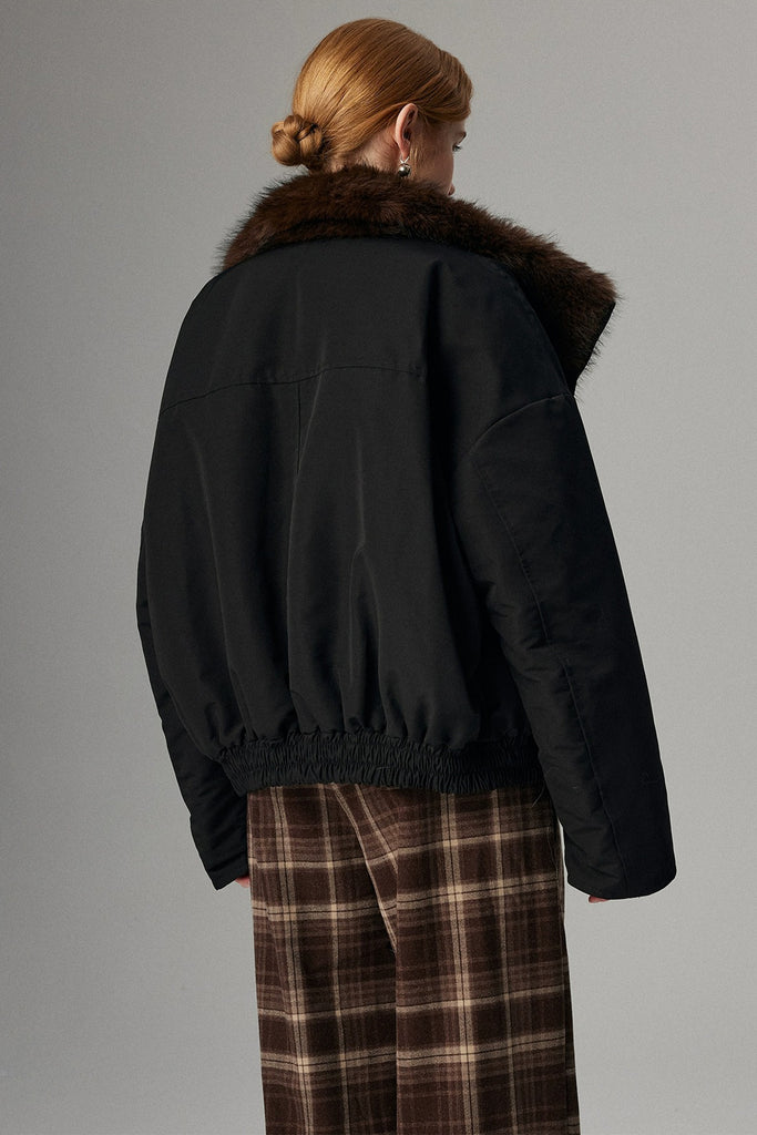 Asymmetric Button-Up Padded Bomber Jacket with Faux Mink Fur  Fibflx