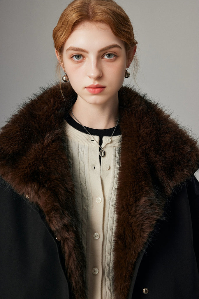 Asymmetric Button-Up Padded Bomber Jacket with Faux Mink Fur  Fibflx