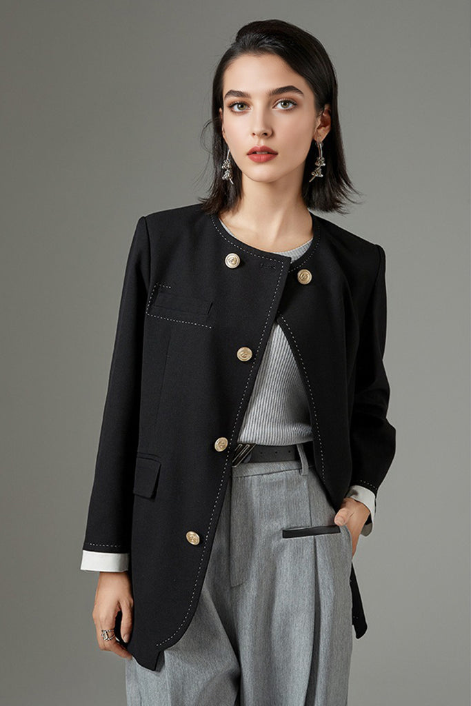 Asymmetric Collarless Wool-Blend Blazer Jacket  Fibflx