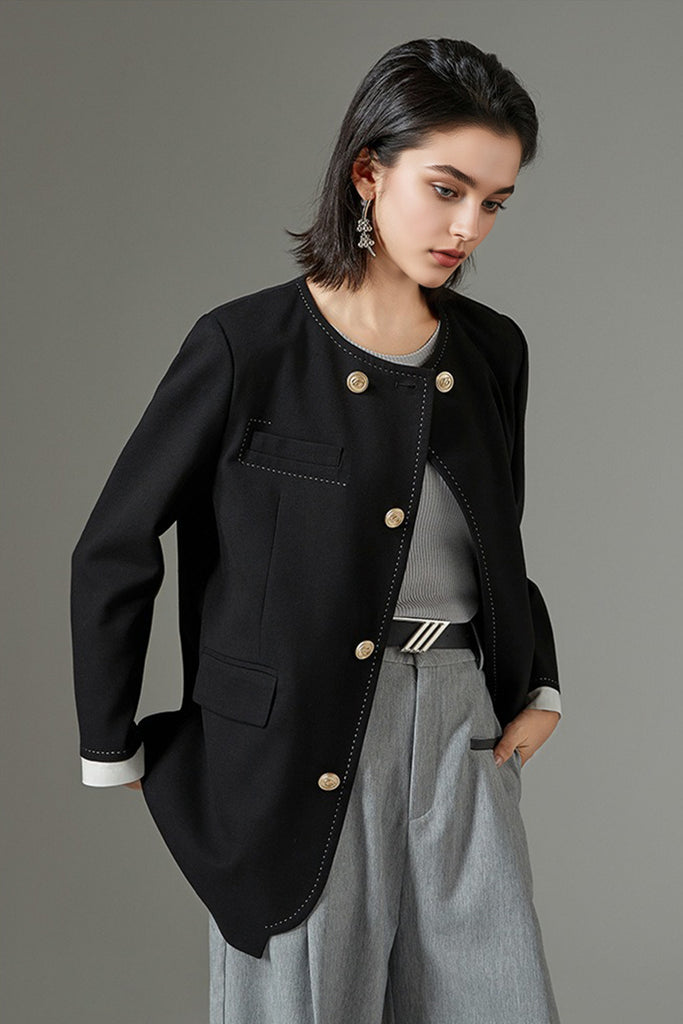 Asymmetric Collarless Wool-Blend Blazer Jacket  Fibflx