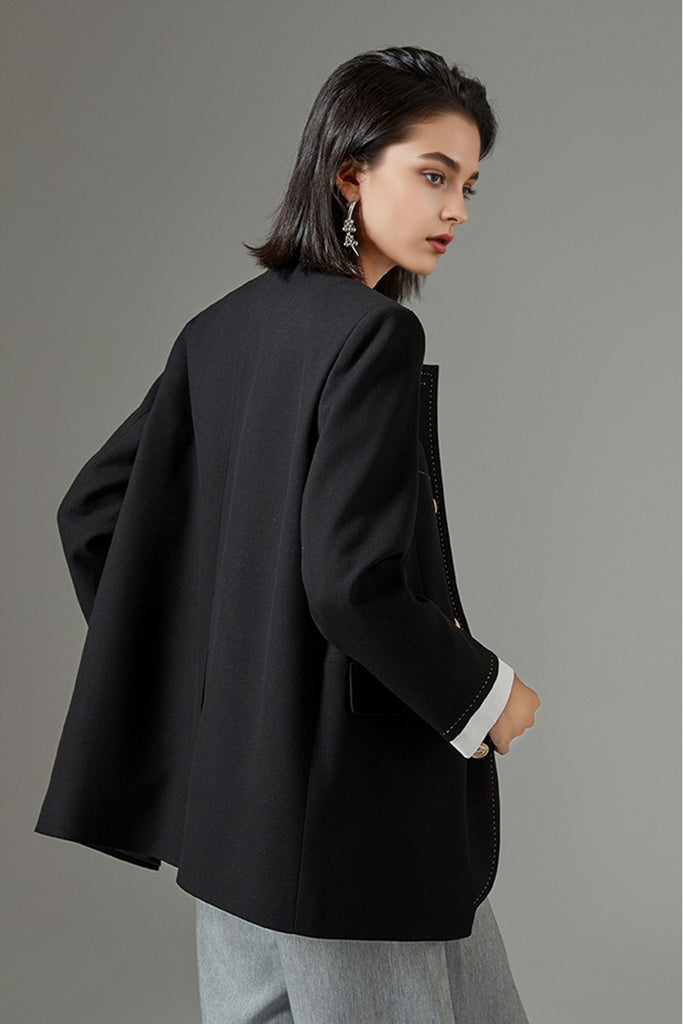 Asymmetric Collarless Wool-Blend Blazer Jacket  Fibflx