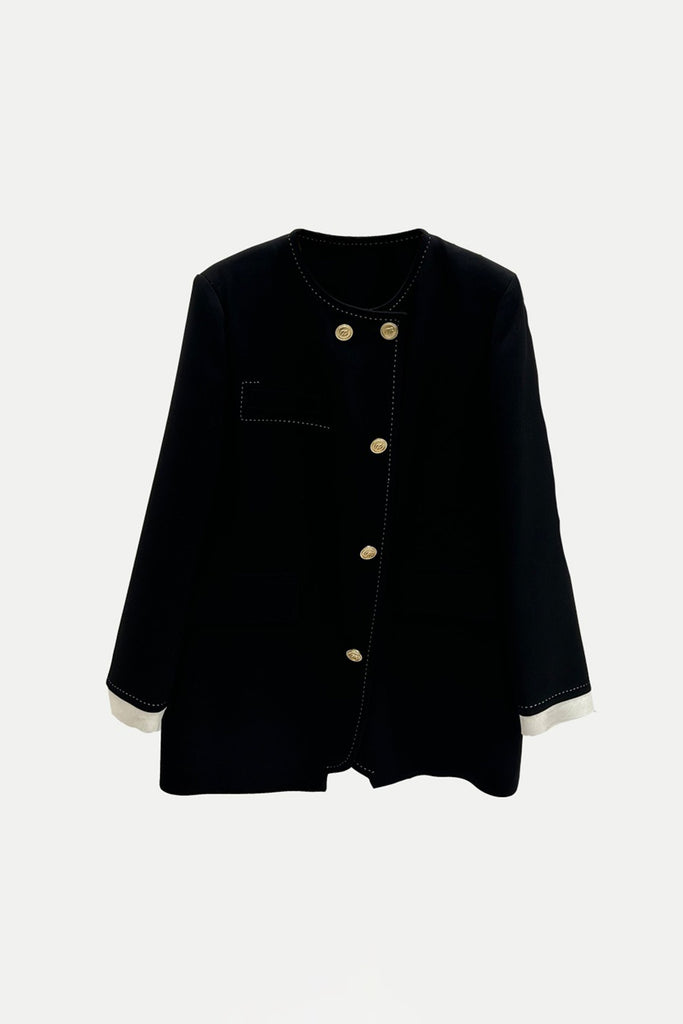 Asymmetric Collarless Wool-Blend Blazer Jacket  Fibflx