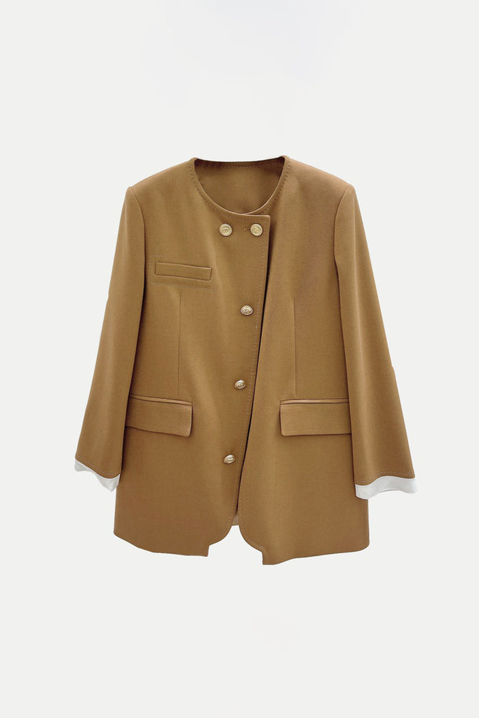 Asymmetric Collarless Wool-Blend Blazer Jacket  Fibflx