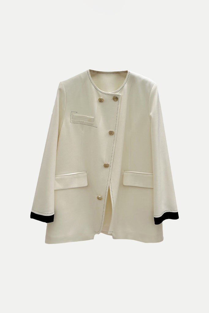 Asymmetric Collarless Wool-Blend Blazer Jacket  Fibflx