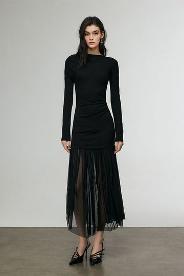 Fibflx Women's Asymmetric Draped Mesh Maxi Dress with Sleeves 