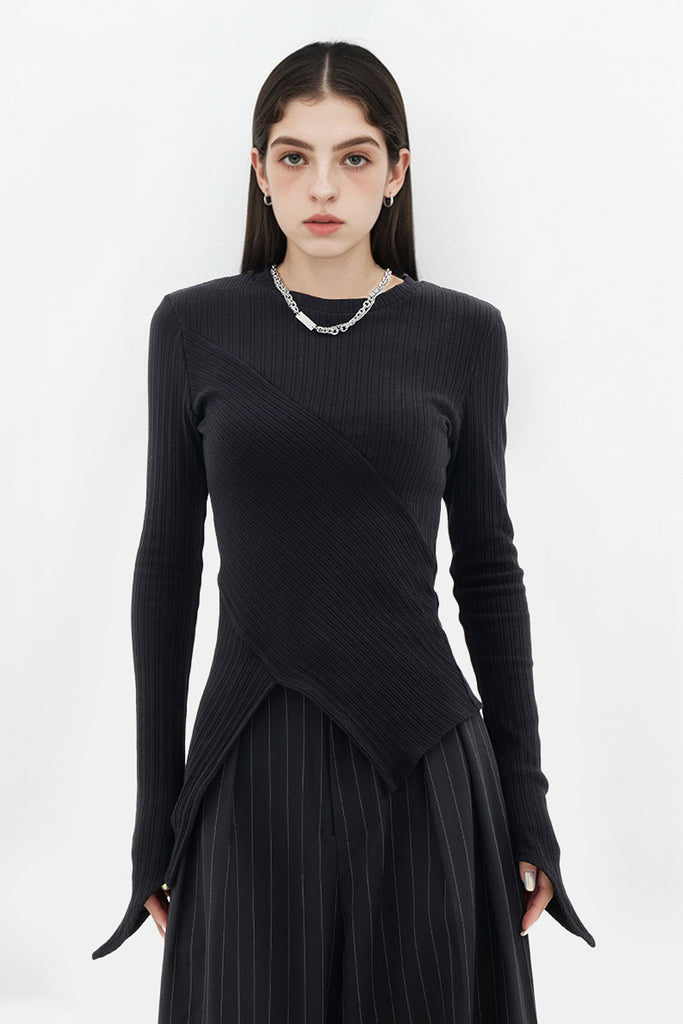 Asymmetric Hem Slim Long Sleeve Top  Fibflx