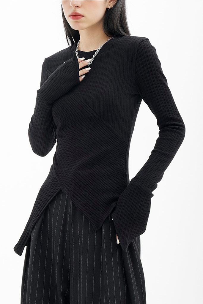 Asymmetric Hem Slim Long Sleeve Top  Fibflx