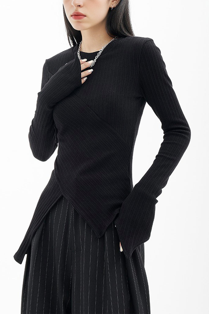 Asymmetric Hem Slim Long Sleeve Top  Fibflx