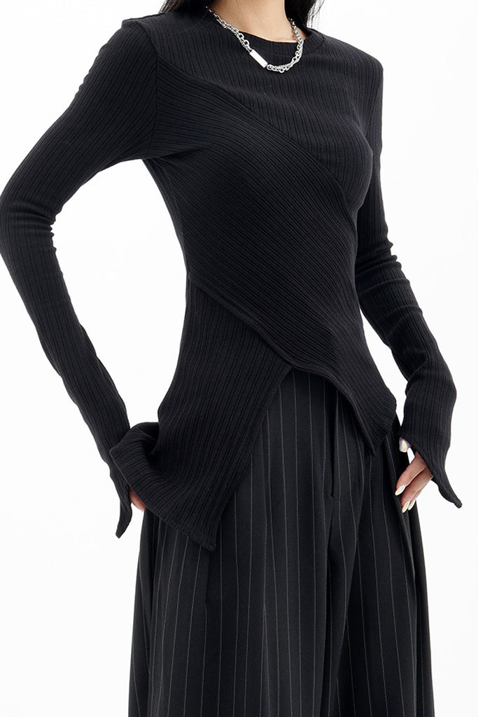 Asymmetric Hem Slim Long Sleeve Top  Fibflx
