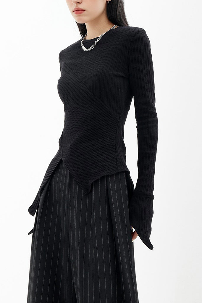 Asymmetric Hem Slim Long Sleeve Top  Fibflx