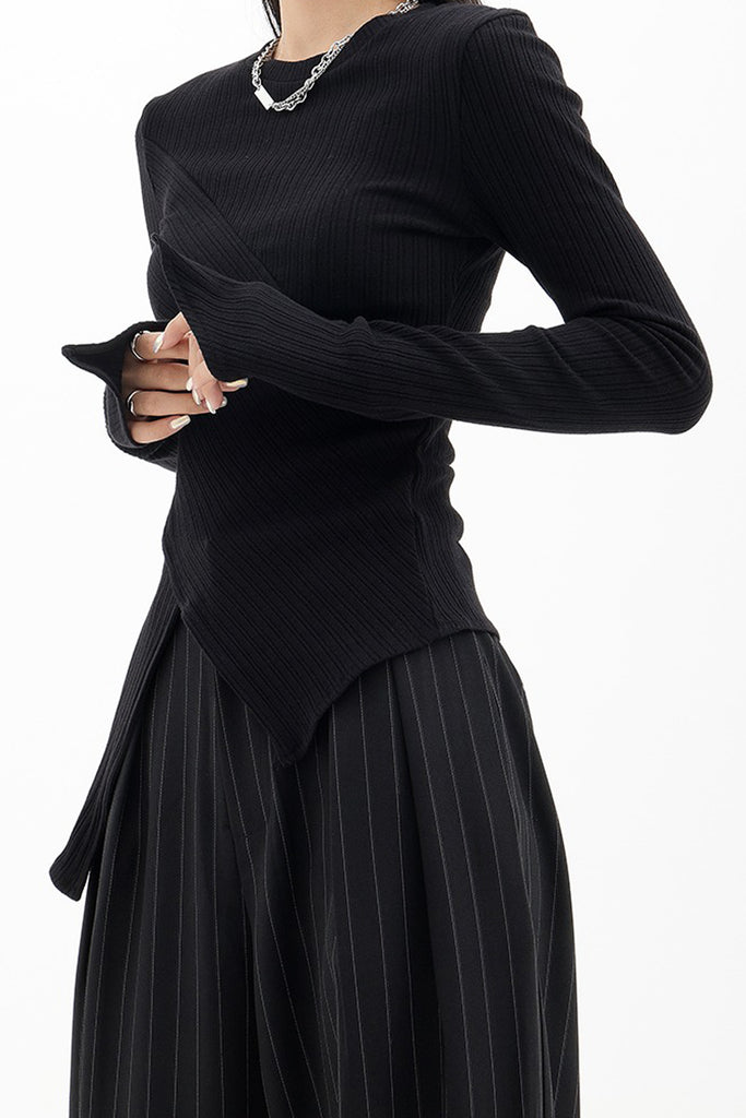 Asymmetric Hem Slim Long Sleeve Top  Fibflx