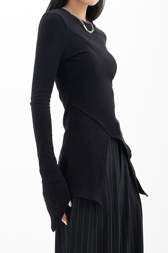 Asymmetric Hem Slim Long Sleeve Top  Fibflx