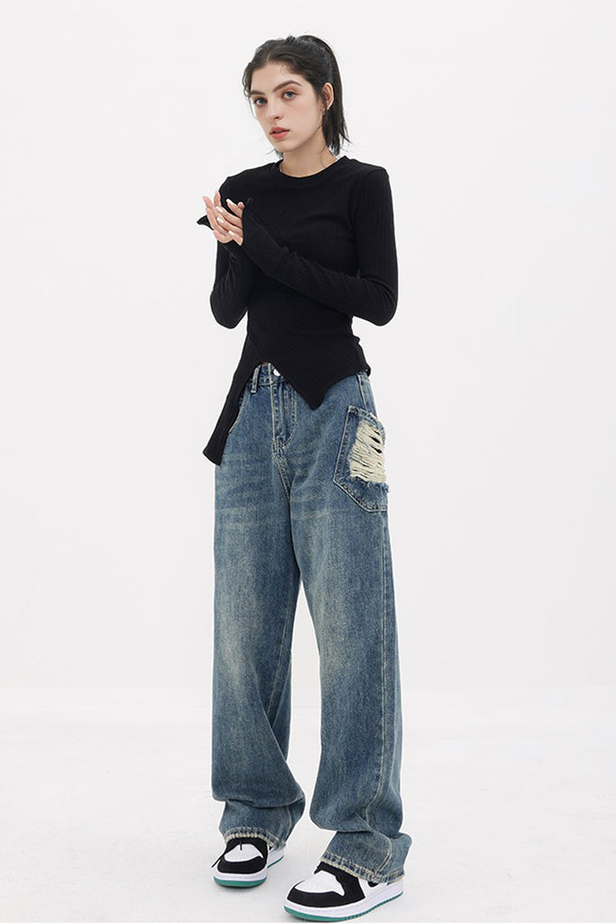 Asymmetric Hem Slim Long Sleeve Top  Fibflx