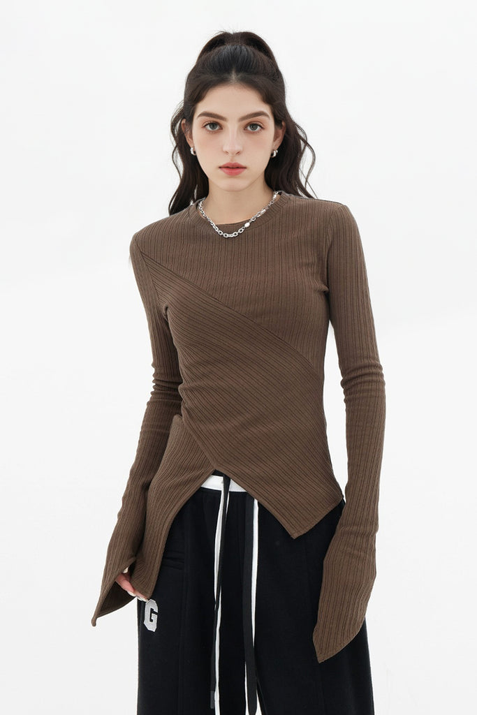 Asymmetric Hem Slim Long Sleeve Top  Fibflx