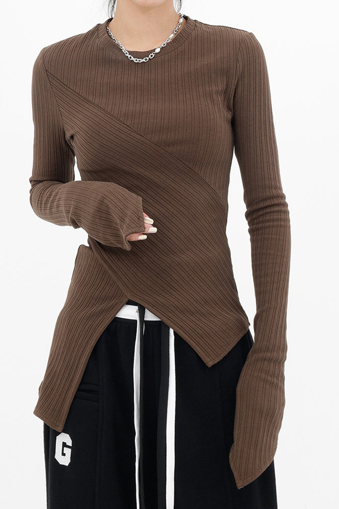 Asymmetric Hem Slim Long Sleeve Top  Fibflx
