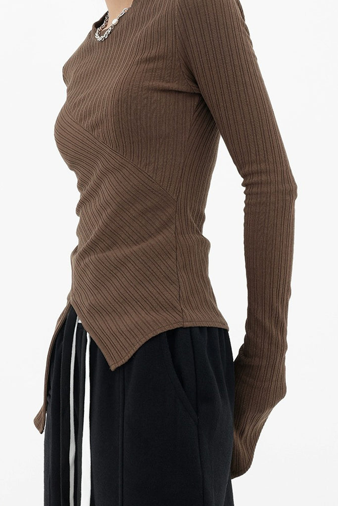 Asymmetric Hem Slim Long Sleeve Top  Fibflx