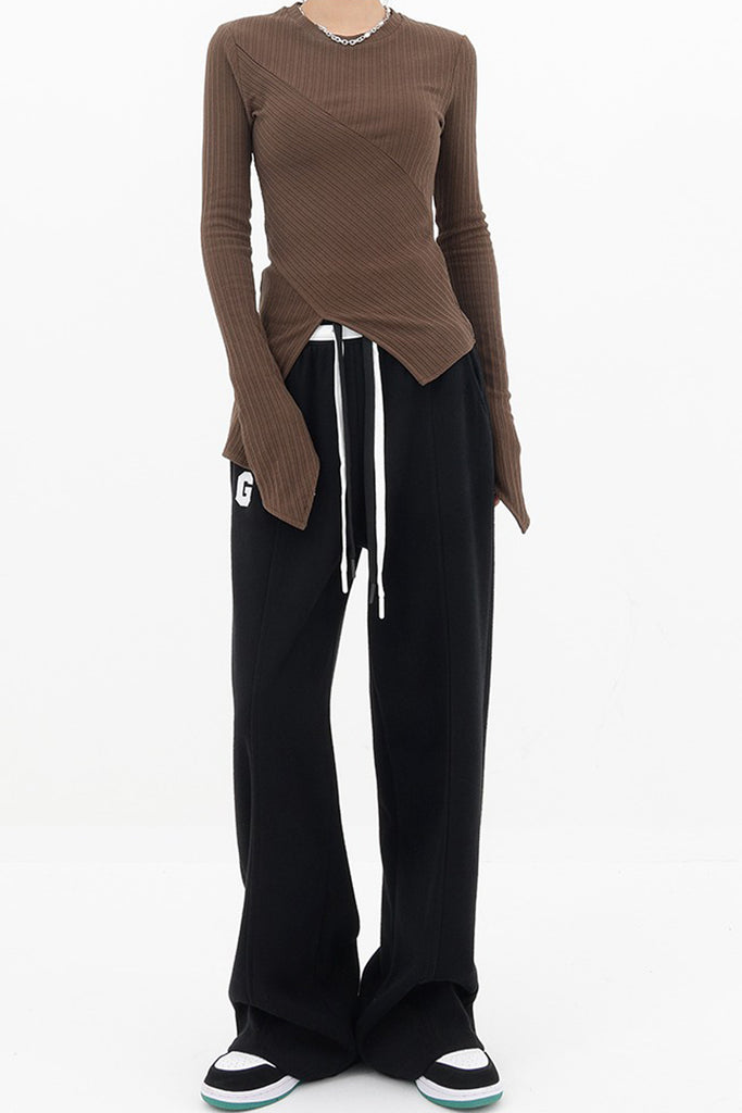 Asymmetric Hem Slim Long Sleeve Top  Fibflx