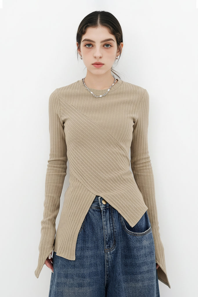 Asymmetric Hem Slim Long Sleeve Top Oak Beige / M Fibflx