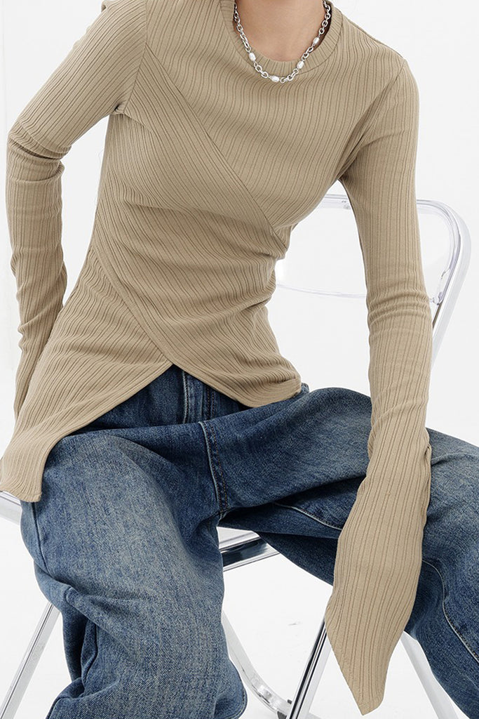 Asymmetric Hem Slim Long Sleeve Top  Fibflx