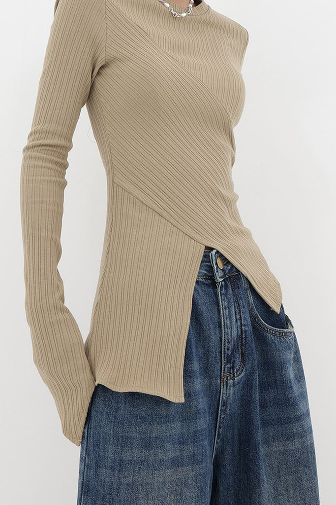 Asymmetric Hem Slim Long Sleeve Top  Fibflx