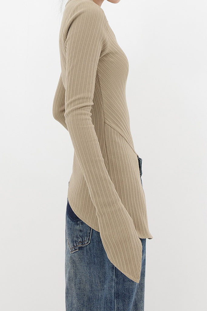 Asymmetric Hem Slim Long Sleeve Top  Fibflx