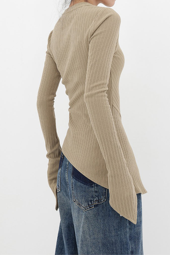 Asymmetric Hem Slim Long Sleeve Top  Fibflx