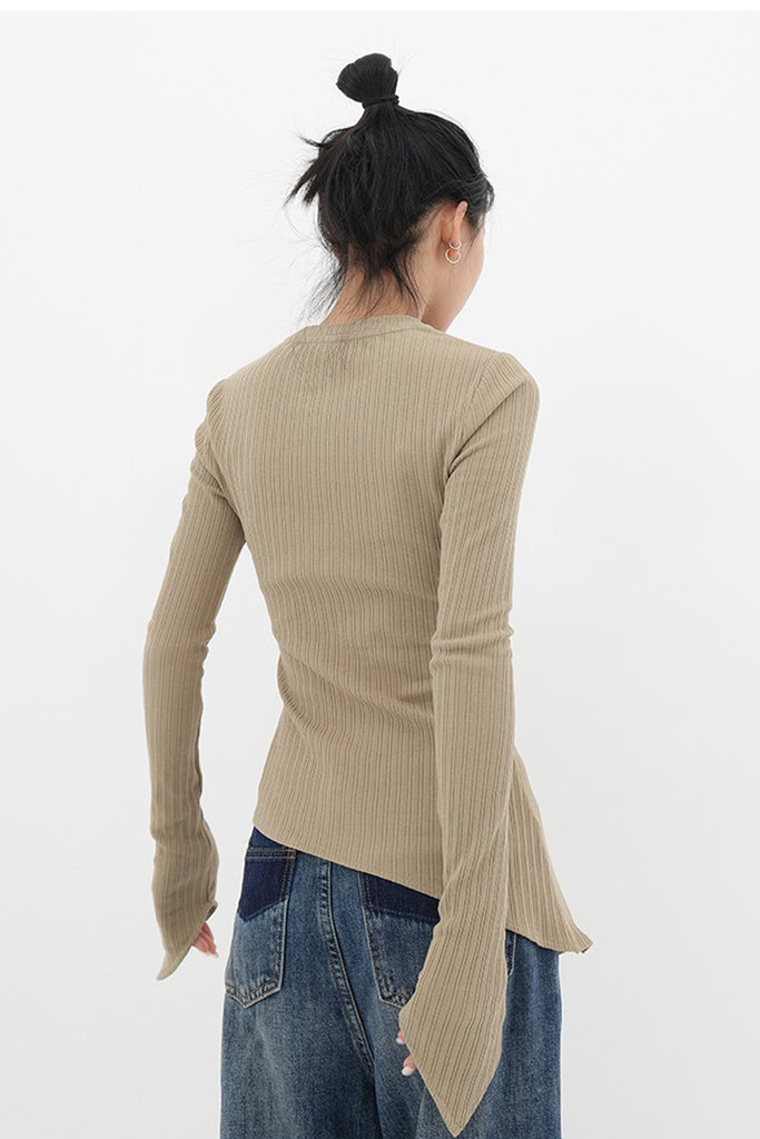 Asymmetric Hem Slim Long Sleeve Top  Fibflx