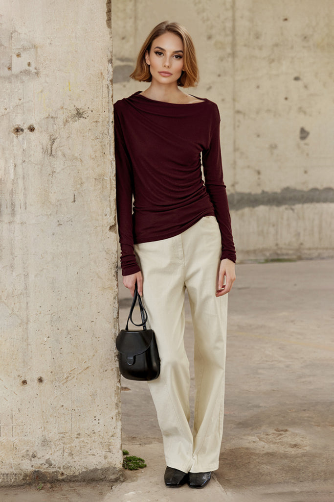 Asymmetric Long-Sleeve Ruched Top  Fibflx