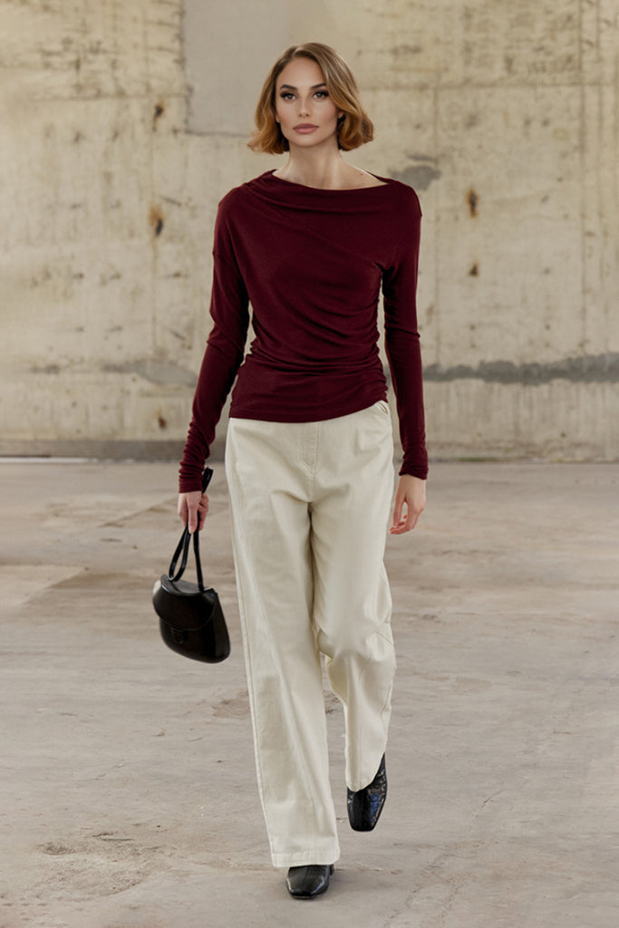 Asymmetric Long-Sleeve Ruched Top  Fibflx