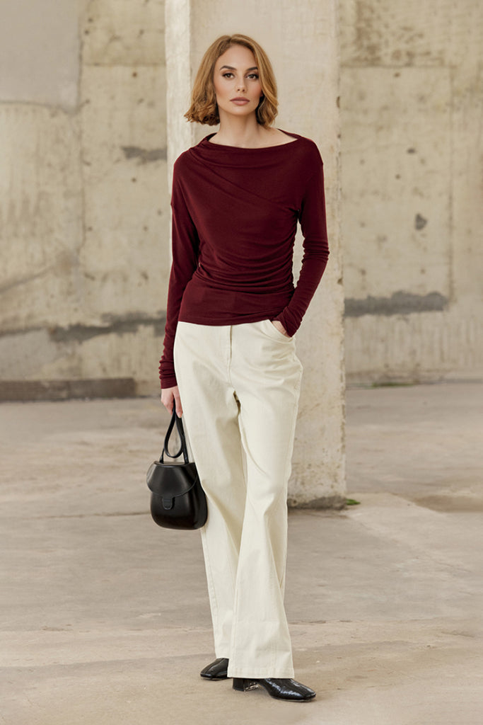 Asymmetric Long-Sleeve Ruched Top  Fibflx