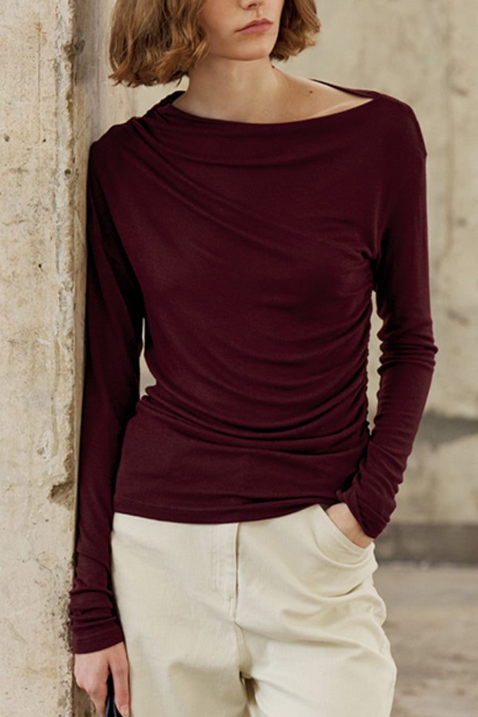 Asymmetric Long-Sleeve Ruched Top  Fibflx