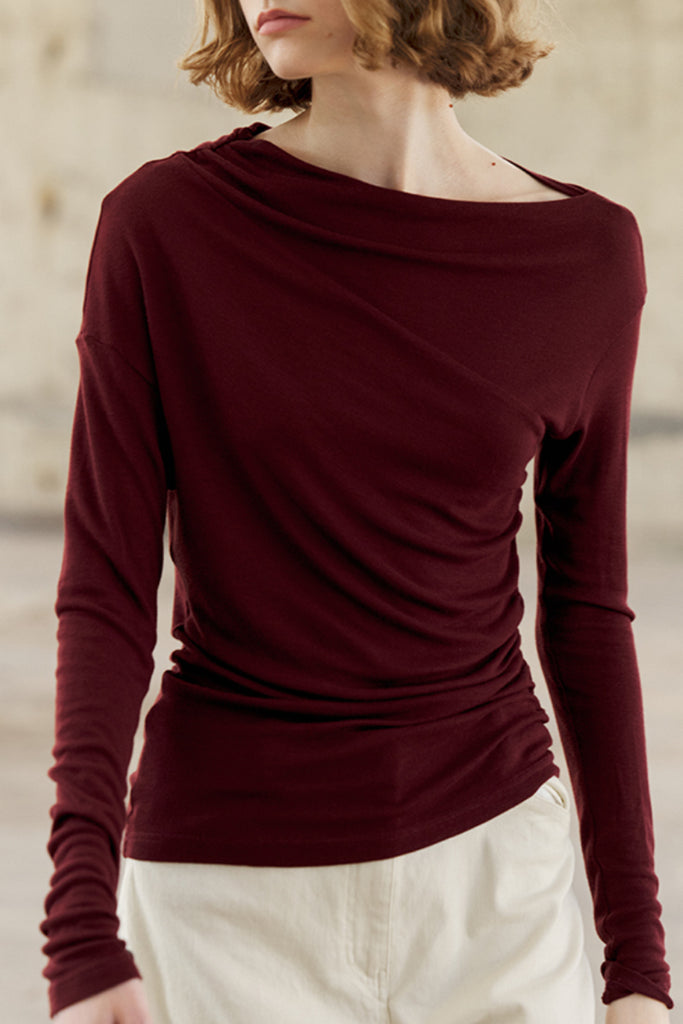 Asymmetric Long-Sleeve Ruched Top  Fibflx