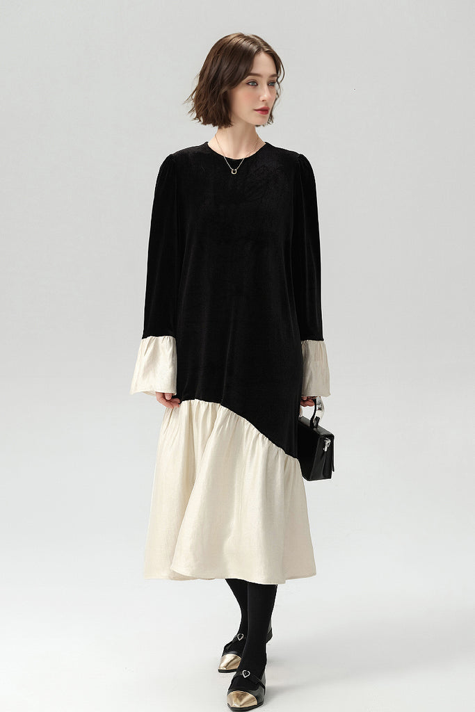 Asymmetric Patchwork Long-Sleeve Velvet Dress  Fibflx