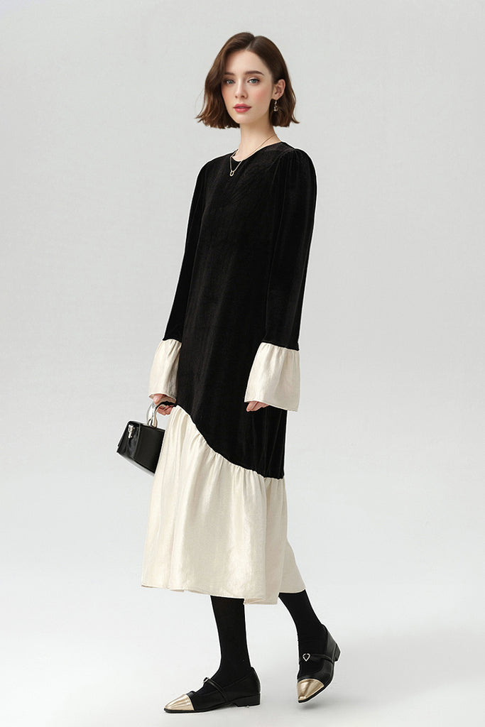 Asymmetric Patchwork Long-Sleeve Velvet Dress  Fibflx